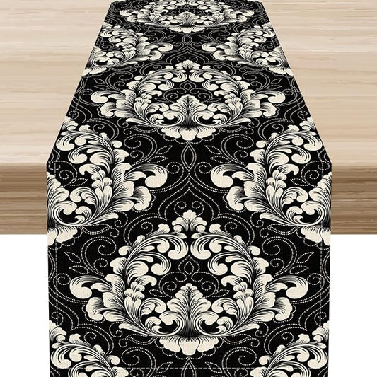 Gothic Table Runner, Retro Black Damask Baroque Style Floral Bohemian Exotic Coffee Vintage Table Center Decor for Kitchen and Dining Outdoor Home Country Party Table Decorations, 13"x36"