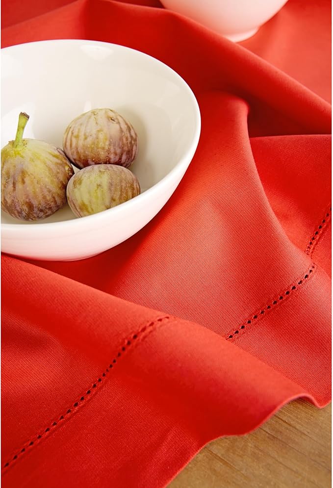 Solino Home Table Runner 108 Inches Long - Cotton Linen Hemstitch Poppy Red Table Runner 14 x 108 Inch for Valentines