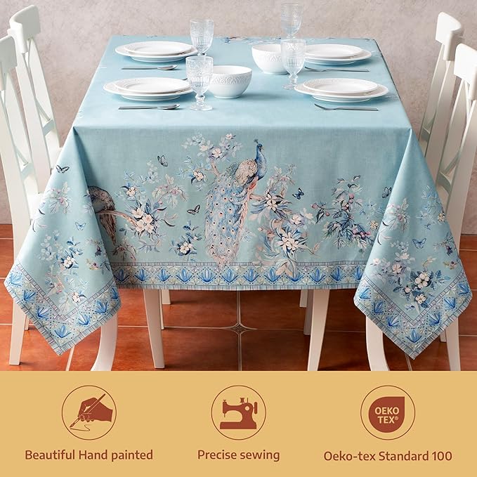 Maison d' Hermine Premium Table Cloth Rectangle Table 100% Combed Cotton 120 x 70 Inches Tablecloth Reusable Decorative for Dining Room Home Party Festive Wedding - Peacock Utopia - Pastel Turquoise