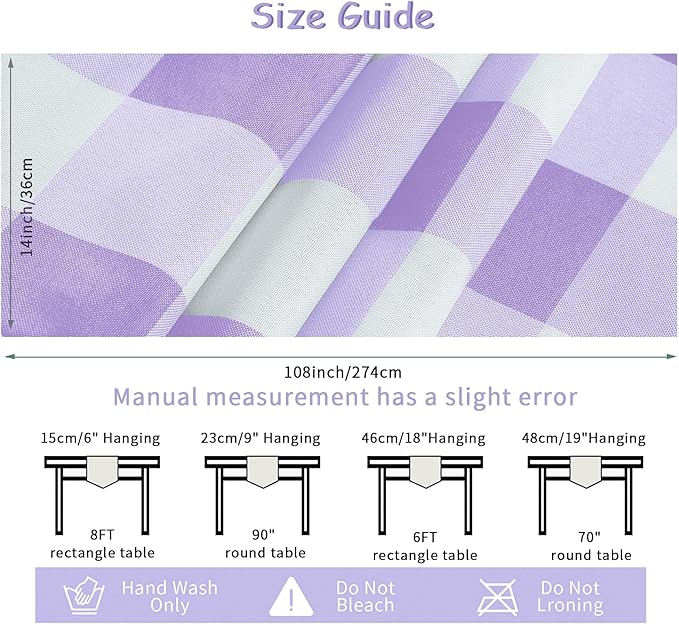 Fabric Checkered Table Runner 12 Pack Waterproof Gingham Table Runner 14W x 108L Buffalo Check Table Runners for Parties Kitchen Dining Wedding Banquet (Lavender and White)