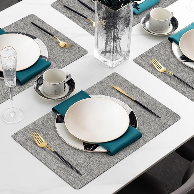 Faux Leather Heat Resistant Placemats Set of 8 – Waterproof Oilproof Wipeable Dining PU Vinyl Place Mat Easy Clean Table Mats for Kitchen/Dining/Party/Holiday, Light Grey