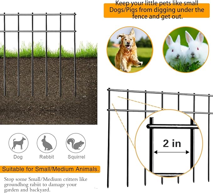 Adavin Small or Medium Animal Barrier Fence 10 Pack 20 in(L) X 10 in(H) Underground Decorative Garden Fencing, Dog Rabbits Fences Black Metal Fence Panel Ground Stakes for Outdoor Patio. Total 17 Ft