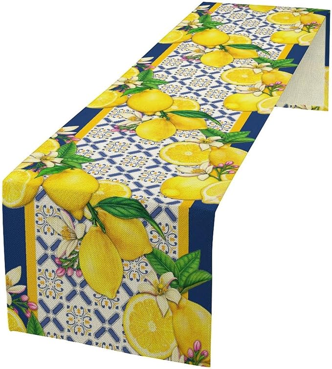 Yellow Lemon Table Runner, Spring Summer Seasonal Blue Tiles Watercolor Lemon Table Runner for Farmhouse Kitchen Indoor Outdoor Party Decor, 13x108inch