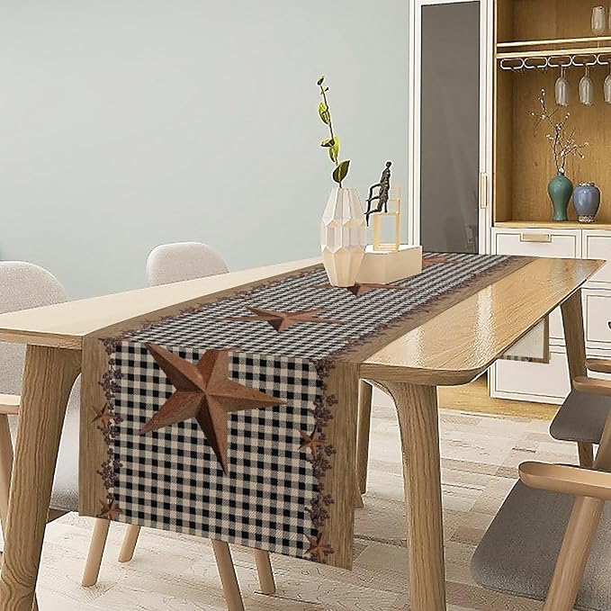 Rustic Star Table Runner, Vintage Wood Barn Black Grid Western Texas Farmhouse Country Print Table Runner for Home Party Patio Indoor Outdoor, 13x60inch