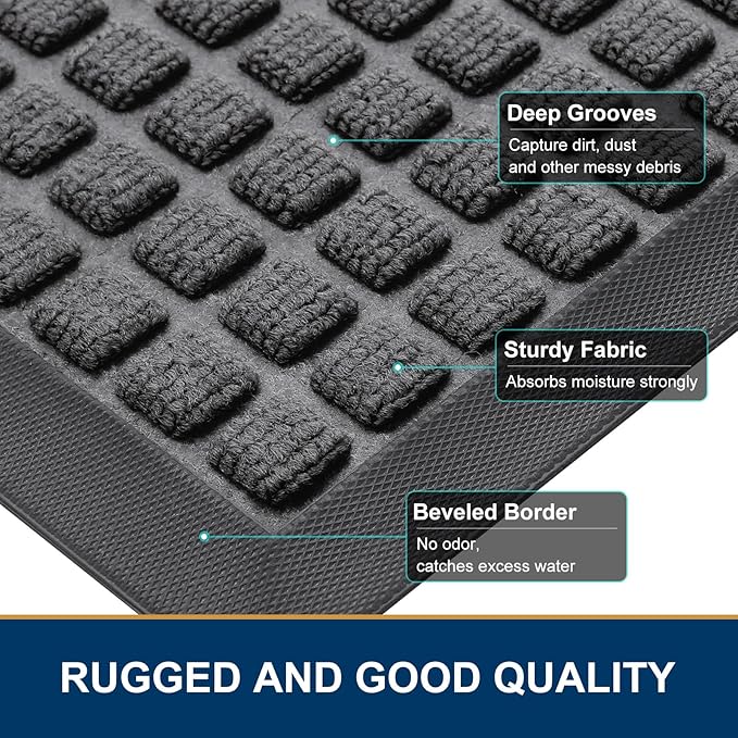 Smiry Front Door Mat Outside Entrance, Heavy Duty Natural Rubber Doormat, Non Slip, Trap Dirt and Moisture, Easy Clean, Low Profile Welcome Floor Mats for Indoor Outdoor Entry, 35x23 Inch, Grey