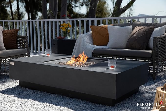 Elementi+ | Cannes Gas Fire Pit Cast Concrete 60" Rectangular Fire Table, Outdoor Fire Pit Electronic Ignition | Canvas Cover, Fire Glass and Burner Lid Included | Dark Gray | Propane Gas