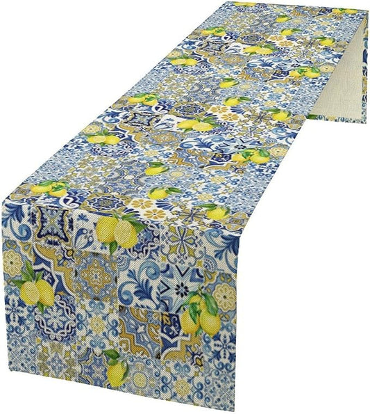 Farmhouse Rustic Lemon Table Runner,Vintage Morocco Blue Tiles Mediterranean Summer Fruit Print Table Runner for Kitchen Dining Table Home Party Decor 13x70in