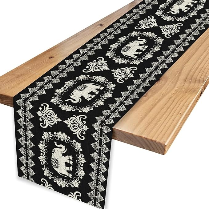 Boho Elephant Table Runner, Rustic Black African Tribe Animal Damask Diwali India Mandala Art Print Coffee Table Center Decor for Home Kitchen Holiday Party Outdoor Table Decorations, 13"x72"