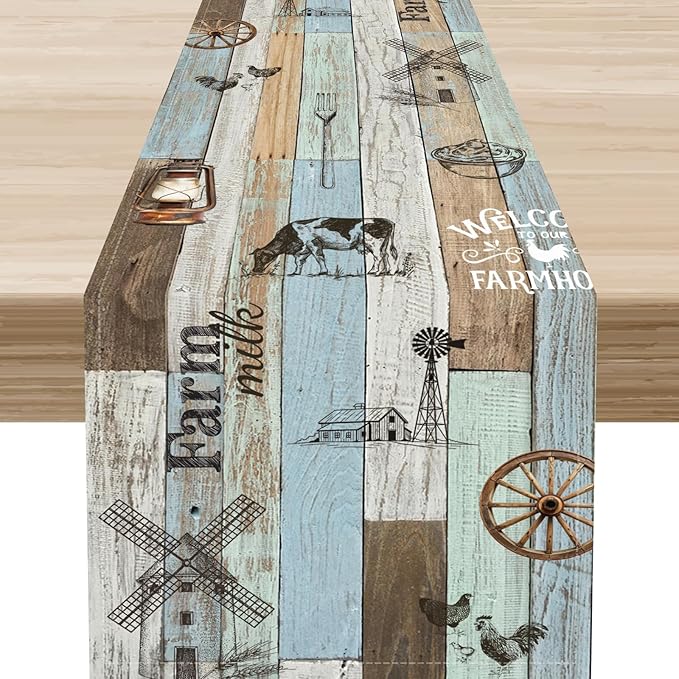 Farmhouse Cow Table Runner, Rustic Blue Wooden Animals Rooster Chicken Summer Spring Coffee Table Center Decor for Home Kitchen Dining Patio Holiday Party Country Outdoor Table Decorations, 13"x72"