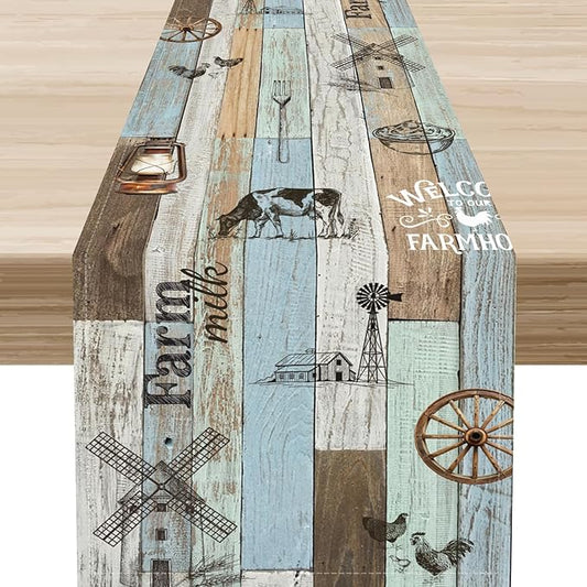 Farmhouse Cow Table Runner, Rustic Blue Wooden Animals Rooster Chicken Summer Spring Coffee Table Center Decor for Home Kitchen Dining Patio Holiday Party Country Outdoor Table Decorations, 13"x72"