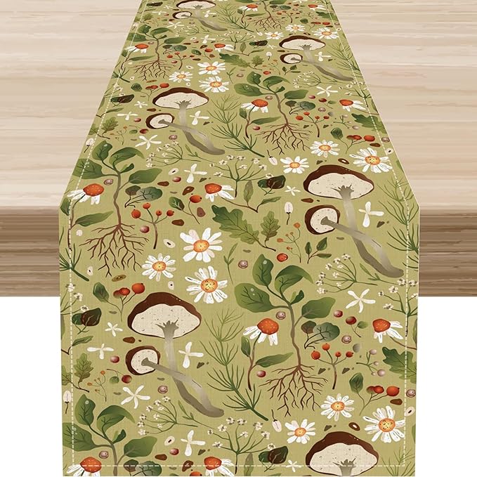 Mushroom Table Runner, Rustic Farmhouse Forest Plants Botanical Country Green Coffee Table Center Decor for Home Kitchen Dining Patio Holiday Party Indoor Table Decorations, 13"x90" Inch