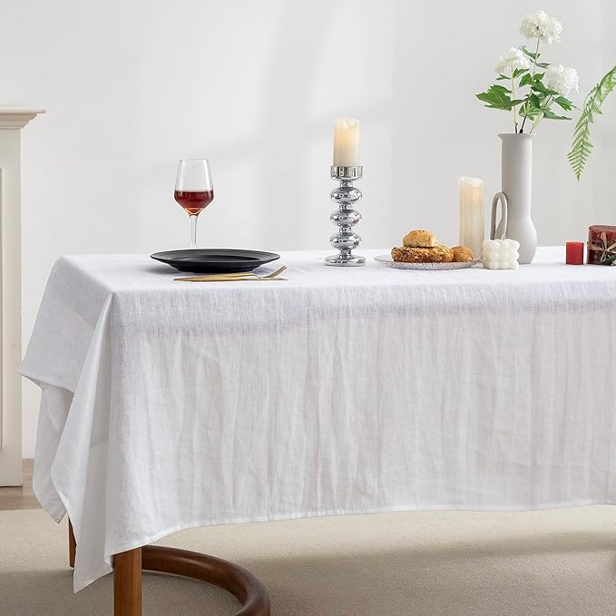 EVERLY 100% Pure Linen Rectangle Tablecloths 60x120 Inches for Dining,Buffet Parties,Picnic,Events,Weddings and Restaurants,Decorative Halloween,Thanksgiving Machine Washable Tablecloths-White