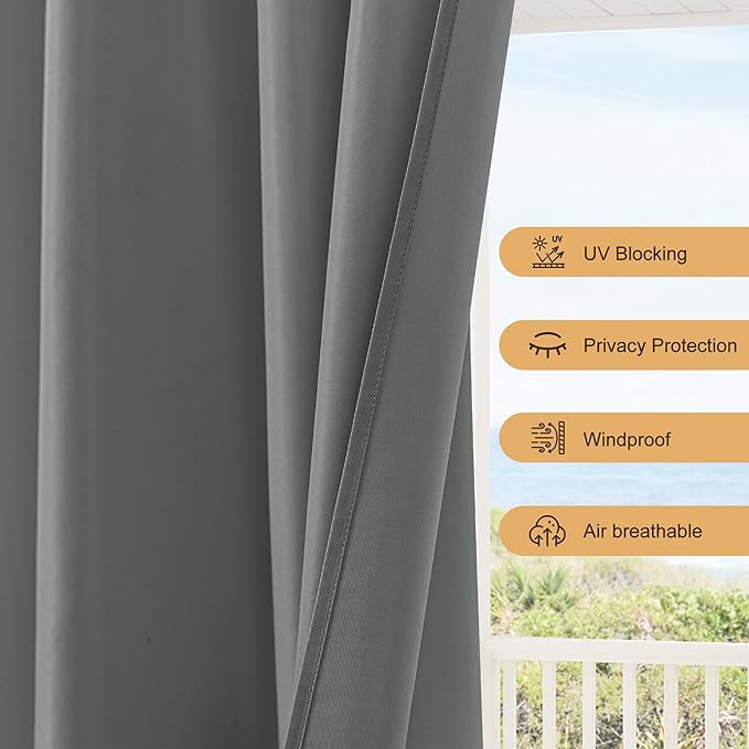 HolidayIdeas Outdoor Patio Curtains Waterproof with Rod Pocket 4 Panels 54x84 Inch- Weatherproof Balcony Outdoor Curtains for Apartments,Porch, Gazebo, Pergola, Sliding Glass Door, Grey