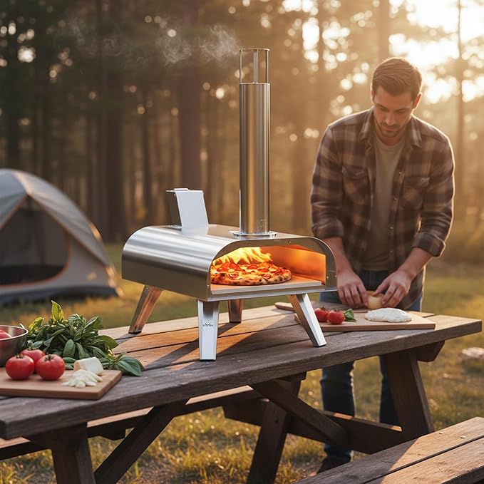 BIG HORN OUTDOORS 12" Multi-Fuel Outdoor Pizza Oven – 3-in-1 Wood-Fired, Gas & Electric Compatible, Pellet Pizza Oven Portable Pizza Maker for Backyard, Camping & Tailgating