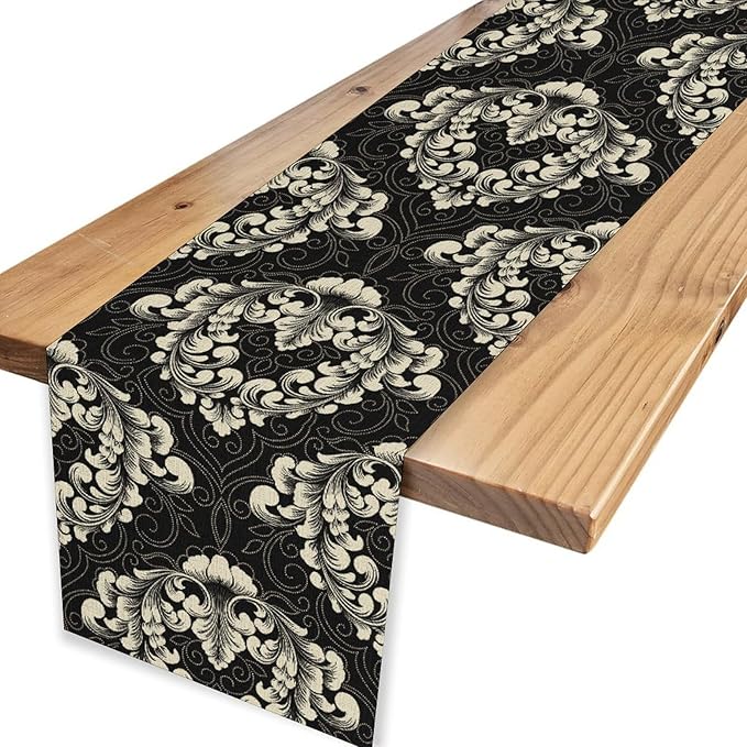 Gothic Table Runner, Retro Black Damask Baroque Style Floral Bohemian Exotic Coffee Vintage Table Center Decor for Kitchen and Dining Outdoor Home Country Party Table Decorations, 13"x72"