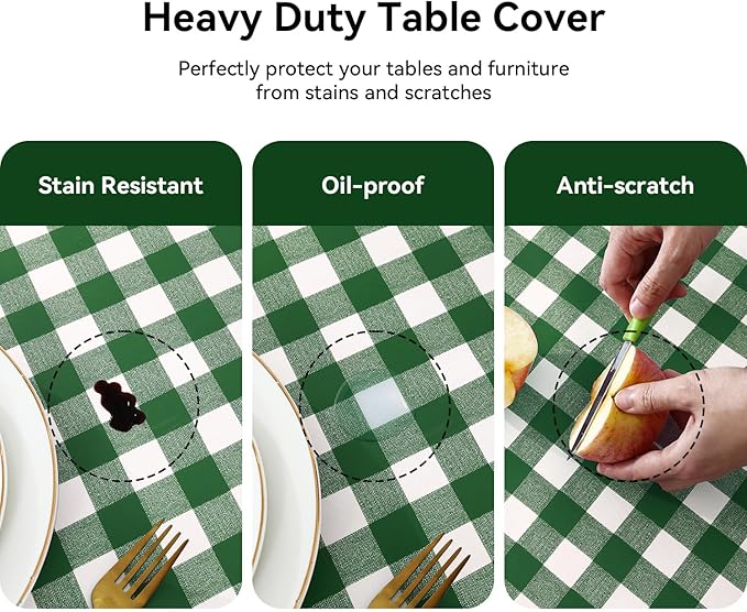Romanstile Square Vinyl Tablecloth, 100% Waterproof Buffalo Gingham Plastic Table Cloth, Heavy Duty Wipeable Checkered Table Covers for Outdoor, Camping, Picnic, Patio - 60 x 60, Green and White