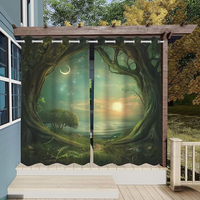 Forest Theme Waterproof Outdoor Curtains for Patio,Trees Moon Lake Pattern,Privacy, Grommet Curtains for Patio, Pergola, Porch, Deck, Lanai, and Cabana,2 Panels,W36 x L84,Green
