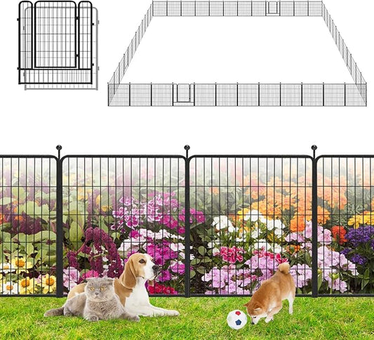 Garden Fence with Gate Metal Fencing Outdoor for Yard, 32in x110ft 48 Panels Outdoor Dog Fence Temporary Fence for Dogs Outside, Rustproof Garden Fencing Flower Bed Edging for Patio