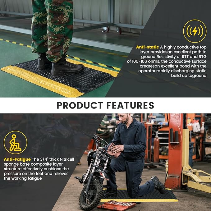 3' x 12' ESD Anti-Fatigue Conductive Mat, Durable Heavy Duty Diamond Plate, Soft Sponge Ergonomic Mat, Non Slip Waterproof Floor Mats for Commercial&Industrial Work Thick 3/4” Black with Yellow Border