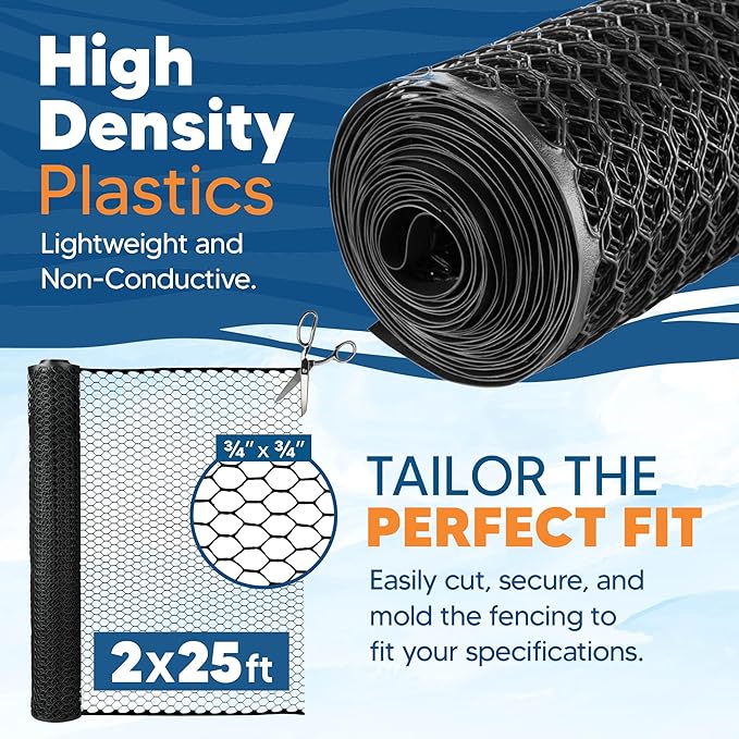 Plastic Hex Chicken Wire Mesh Garden Fence Roll (2' x 25' - Black) - Versatile Poultry Netting and Garden Fence for Temporary or Semi-Permanent Enclosures, Deer Fencing, and Construction Barriers