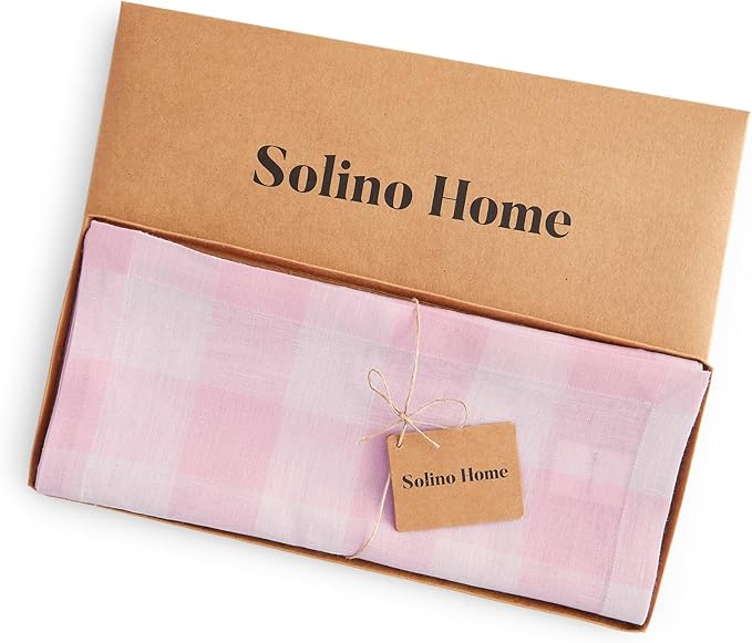 Solino Home Linen Checkered Table Runner 60 Inches - 100% Pure Linen Marshmellow Pink Buffalo Check Short Table Runner 14 x 60 Inch Ideal for Dresser and Coffee Tables, Valentines, Spring, Easter