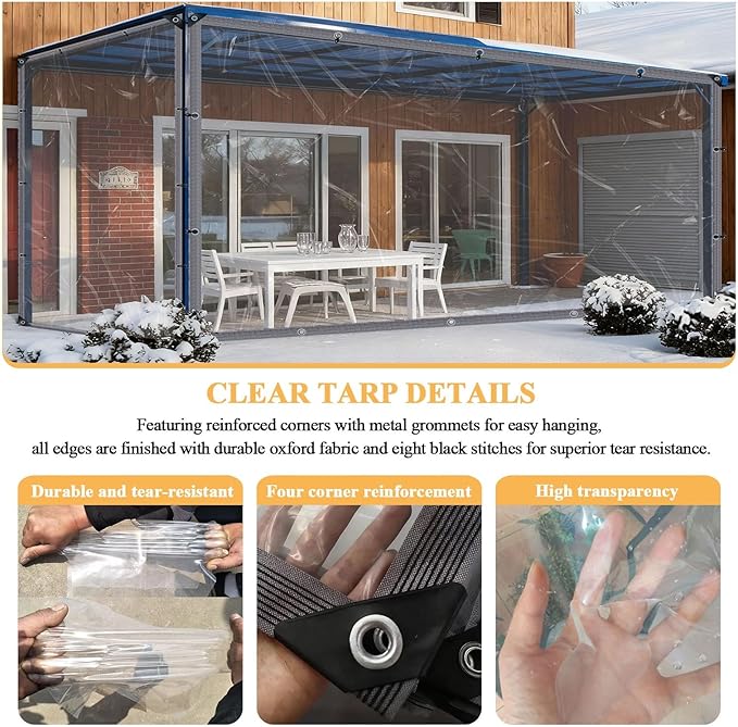 16x24 FT Clear Vinyl Patio Enclosure Panels - Heavy Duty Waterproof Clear Tarps with Reinforced Edges & Grommets for Temporary Winter Porch Enclosure & Deck Enclosure