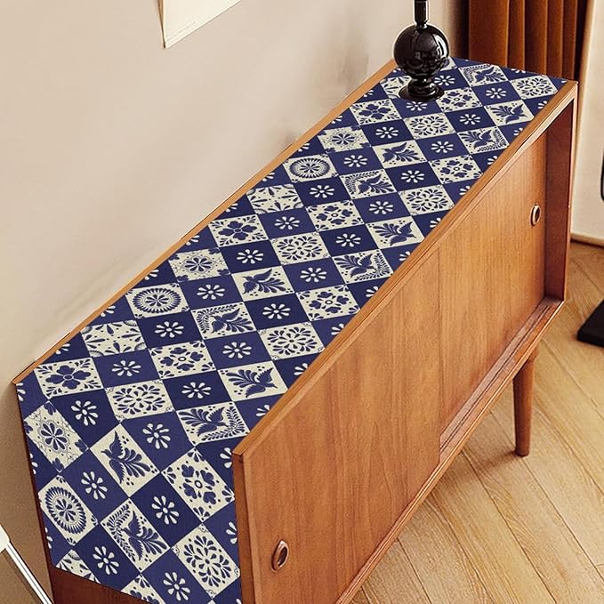 Floral Birds Mexican Table Runner, Blue Mexico Talavera Ceramic Tiles Cinco De Mayo Azulejo Coffee Table Center Decor for Family Kitchen and Dining Patio Indoor Outdoor Table Decorations, 13" X 36"