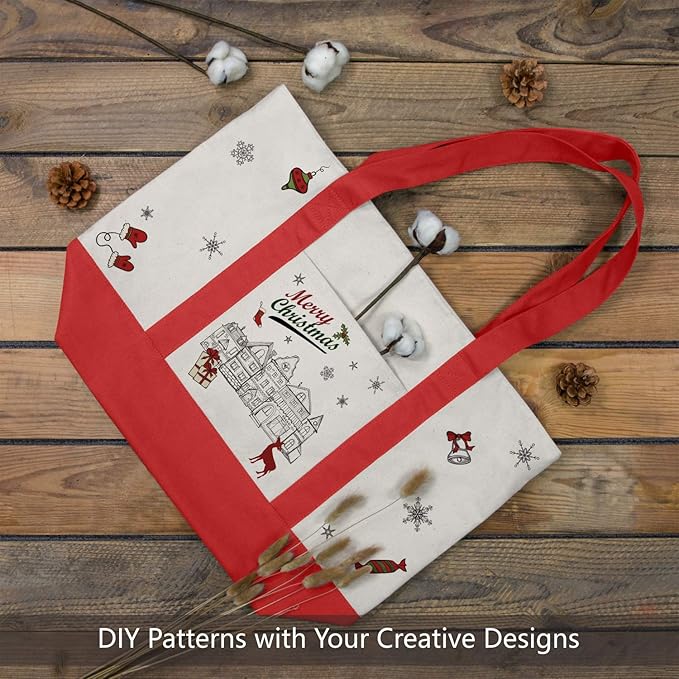TOPDesign 1-Pack Canvas Tote Bag with an External Pocket, Reusable Grocery Shopping Bag, Top Zipper Closure, Daily Essentials (Red/Natural)