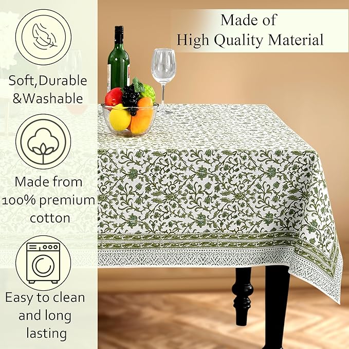 CPC Meadow Vine Tablecloth 100% Cotton 70x118 Inch Indian Block Print Rectangle Table Cover, Table Cloth for Gifting in Weddings, Halloween, Fall, Christmas, Thanksgiving
