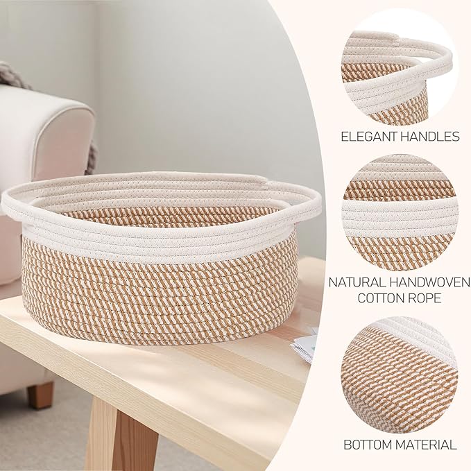 Woven Basket,Small Rope Storage Bin with Handles & Ribbon Bag, Organizer for Shelves Closets,Gift Basket Empty for Birthday,Books,Dog Toys, White&Brown Block/3 Pack