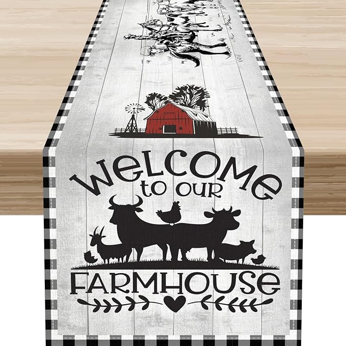 Farmhouse Cow Table Runner, Rustic Rooster Sheep Black White Plaid Animals Farm Coffee Table Center Decor for Home Kitchen Dining Patio Holiday Party Indoor Outdoor Table Decorations, 13"x90"