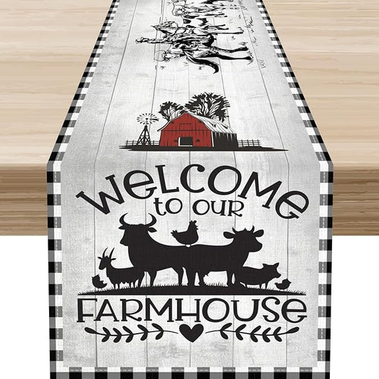 Farmhouse Cow Table Runner, Rustic Rooster Sheep Black White Plaid Animals Farm Coffee Table Center Decor for Home Kitchen Dining Patio Holiday Party Indoor Outdoor Table Decorations, 13"x90"