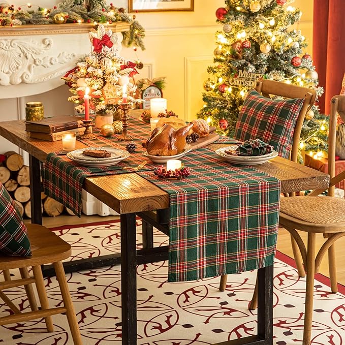Green Red Plaid Christmas Table Runner, Winter Holiday Table Runners 36 inches Long, Xmas Decorations Indoor Outdoor Farmhouse Home Kitchen Dining Party Decor
