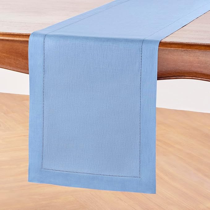 Solino Home Linen Cornflower Blue Table Runner 120 Inches Long - 100% Pure Linen Hemstitch 14 x 120 Inch Table Runner for Dining, Spring, Easter - Classic Hemstitch