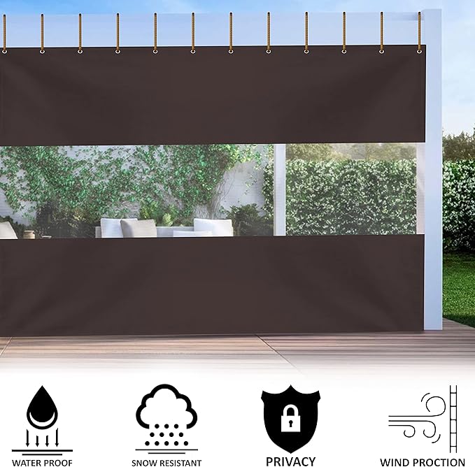 Covers & all Outdoor Clear Panel Curtain, 12 oz Vinyl Outdor Curtains for Patio, Waterproof & Weather Resistant Tarp with Brass Grommets for Pergola, Porch, Gazebos, Balcony (12'H x 10'W feet, Coffee)