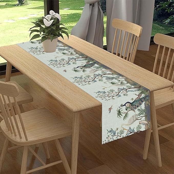 Blue Peacock Table Runner,Rustic Light Blue Crane Floral Branch Table Center Decor for Home Dining Kitchen Patio Holiday Party Indoor Table Decorations, 13"x90"