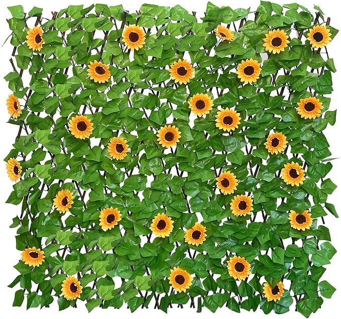 Expandable Fence Privacy Screen for Balcony Patio Outdoor,Decorative Faux Ivy Fencing Panel,Artificial Hedges (Single Sided Leaves) (4, Sunflowers)