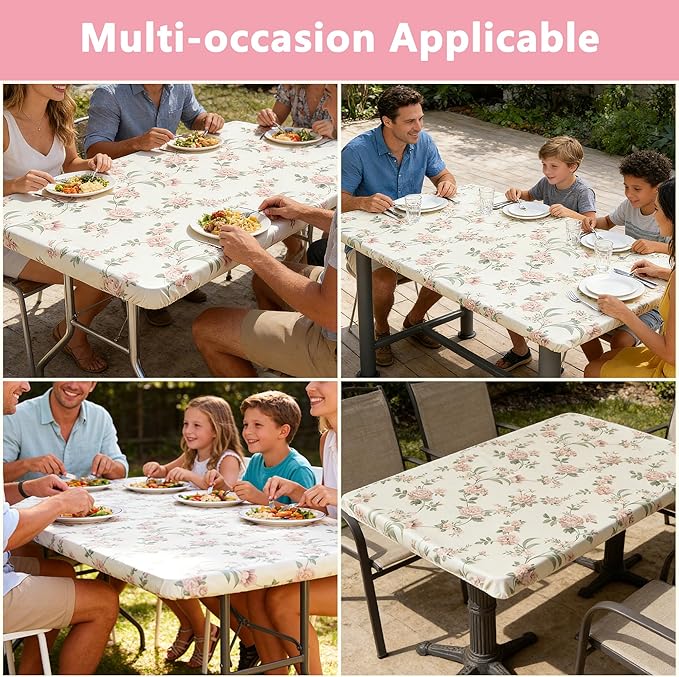 Rectangle Picnic Table Cloth, Elastic Waterproof Fitted Vinyl Tablecloths for 5 Foot Tables, Wipeable Flannel Backed Table Covers for Dining, Camping, Outdoor(Rose,36"x60")