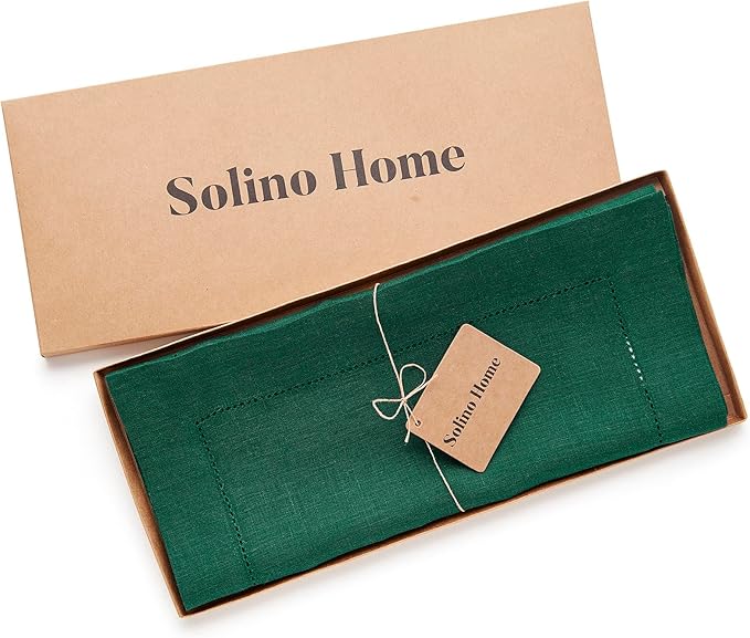 Solino Home Linen Rainforest Green Table Runner 90 Inches Long - 100% Pure Linen Hemstitch 14 x 90 Inch Table Runner for Dining, St Patricks Day - Classic Hemstitch