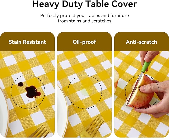 Romanstile Rectangle Vinyl Tablecloth, 100% Waterproof Buffalo Gingham Plastic Table Cloth, Heavy Duty Wipeable Checkered Table Covers for Outdoor, Camping, Picnic, Patio - 54 x 108, Yellow and White