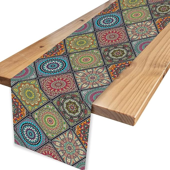 Bohemian Mandala Table Runner, Vintage Colorful Boho Geometric Floral Flower Antique Paisley Rustic Coffee Table Center Decor for Family Kitchen and Living Room Outdoor Table Decorations, 13"x36"