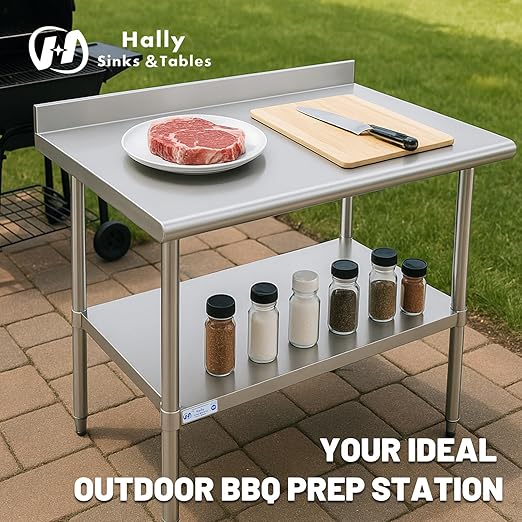 Hally Stainless Steel Table for Prep & Work 18 x 72 Inches, NSF Commercial Heavy Duty Table with Undershelf and Backsplash for Restaurant, Home and Hotel