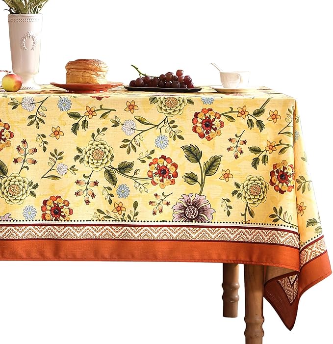 Vintage Linen Tablecloth for Rectangle Table,Yellow Floral French Wrinkle Free Long Tablecloths,Decorative Table Cover for Kitchen,Dining,Thanksgiving,Farmhouse,63" × 94"-Bellano
