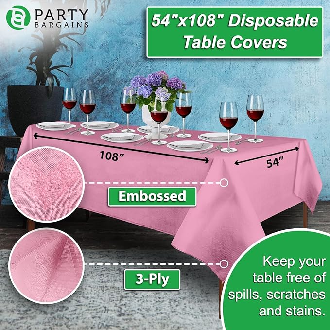 PARTY BARGAINS 40 Disposable Table Covers - 54" X 108" Pink Table Cover, 3 Ply Paper & Plastic Tablecloth