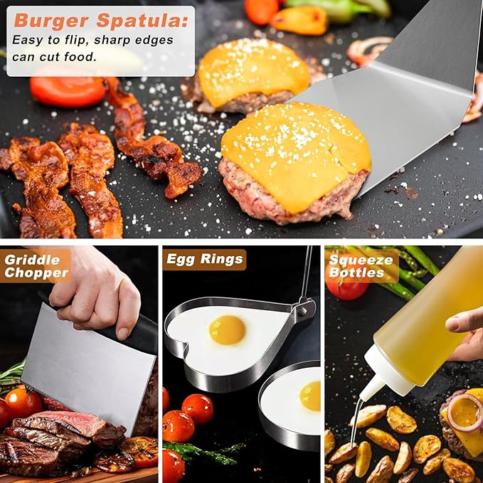 27 PCS Griddle Accessories Kit, Flat Top Grill Accessories Set for Camping, Professional Griddle Spatula Set with Melting Dome, Burger Press for Outdoor BBQ Cooking