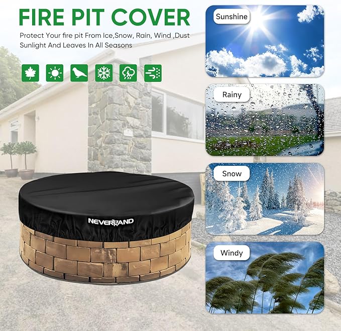 NEVERLAND Round Fire Pit Cover for In-Ground Fire Pits, 46-51 Inch Heavy Duty 600D Waterproof Outdoor Firepit Cover, Fits Built-In Stone Fire Pits, Black