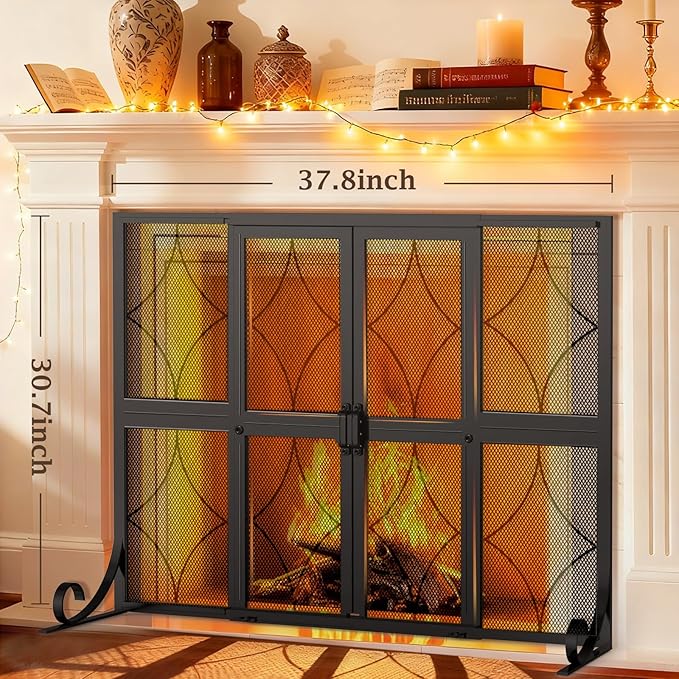 Fireplace Screen with Sliding Doors, 37.8" W x 30.7" H Modern Wrought Iron Spark Guard Cover for Christmas Decorative, Baby and Pet Proof, Large