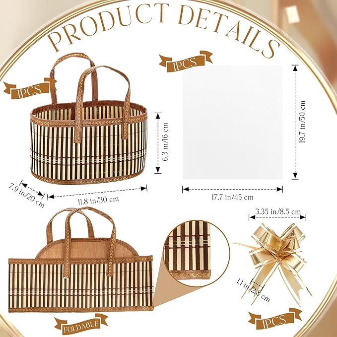 Reallnaive Baskets for Gifts Empty Sturdy Woven Bamboo Gift Basket with Gift Bags and Ribbons for Christmas Thanksgiving Birthday Mothers Day Housewarming Party Gift Wrapping, 12"x 8"x 6" (1 Set)