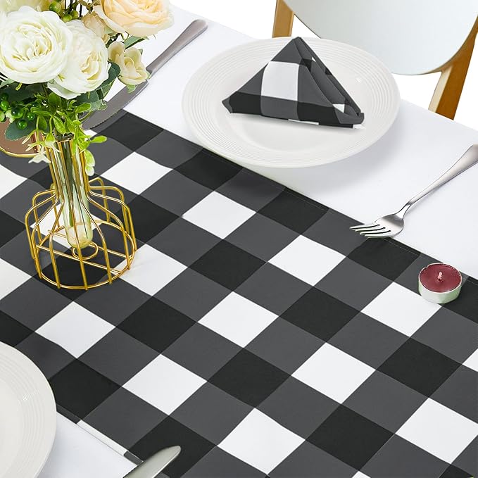 Fabric Checkered Table Runner 6 Pack Waterproof Gingham Table Runner 14W x 108L Buffalo Check Table Runners for Parties Kitchen Dining Wedding Banquet (Black and White)