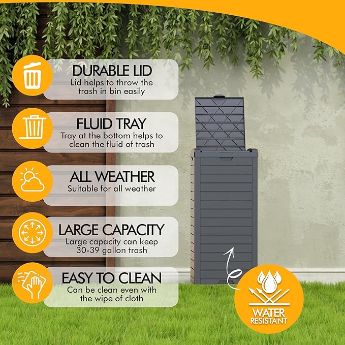 38 Gallon Outdoor Trash Can with lid,Waterproof,UV-Resistant Resin Garbage Can,Lockable Lid and Drip Tray,Trash Bin for Patio,Kitchen, Backyard and Deck(Black)